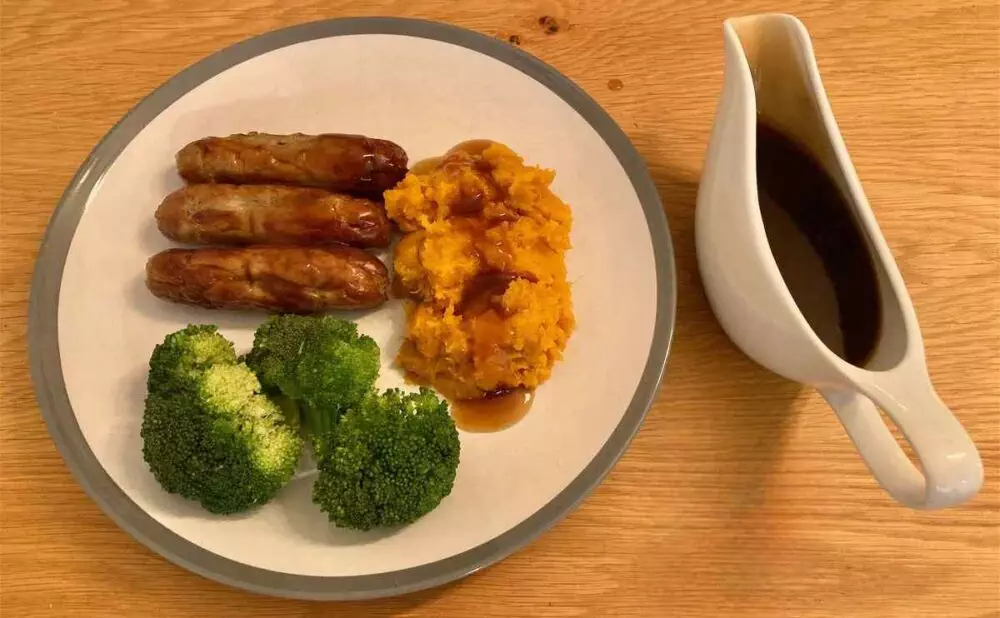 Sausages with veg and sweet potato mash